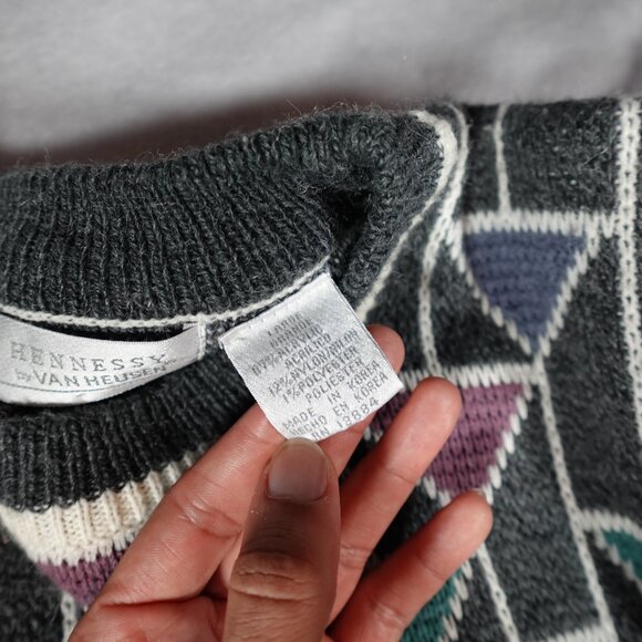 Vintage Van Heusen Hennessy Geometric Sweater Mens L (Fits M) Grandpa Style 90s - Picture 3 of 8